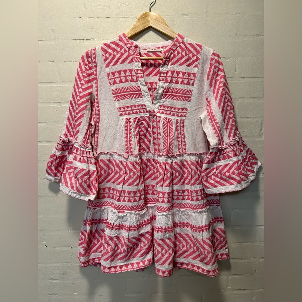 Francesca’s Mi Ami Boho Pink & White Tiered Peasant Tunic Top Size Large